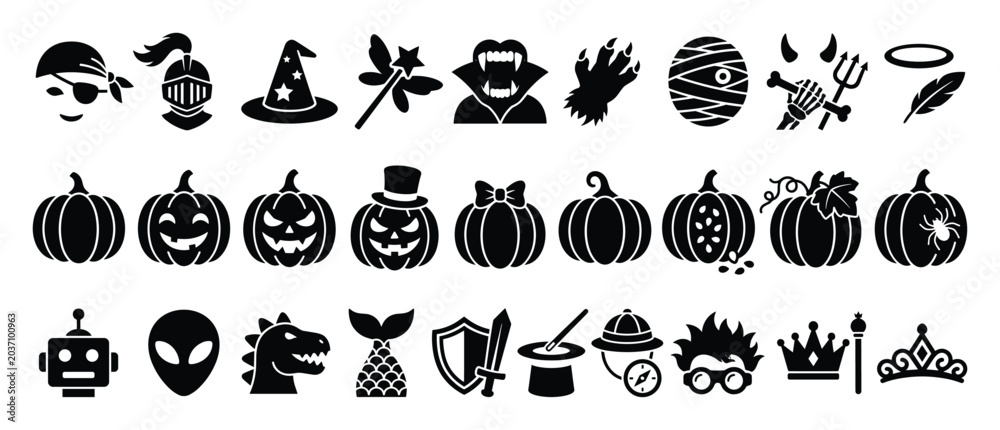 Fototapeta premium Set of Halloween character icons. Spooky costume symbols, fantasy elements, party collection. Pumpkin, monster, witch, vampire, knight graphics.