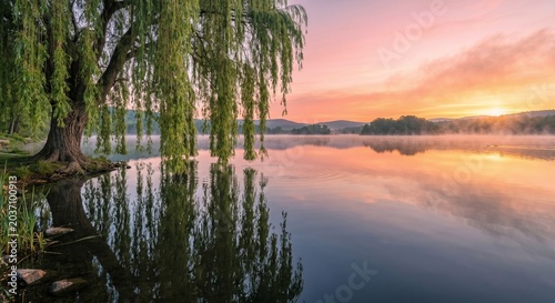 Serene sunrise over a misty lake with a large weeping willow tree reflecting in the calm water.