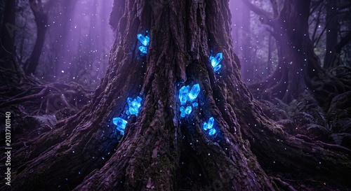 Magical glowing blue crystals embedded in the roots of an ancient tree in a mystical dark fantasy forest.