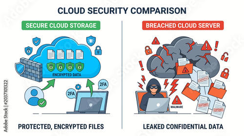 Cybersecurity infographic contrasts secure encrypted cloud storage with a breached server leaking confidential data files to a malicious actor.