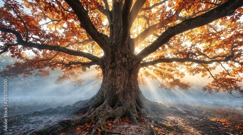 Majestic ancient oak tree with golden autumn foliage and dramatic sun rays piercing through morning mist.