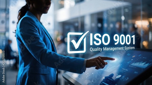 Professional businesswoman interacting with iso 9001 quality management system interface