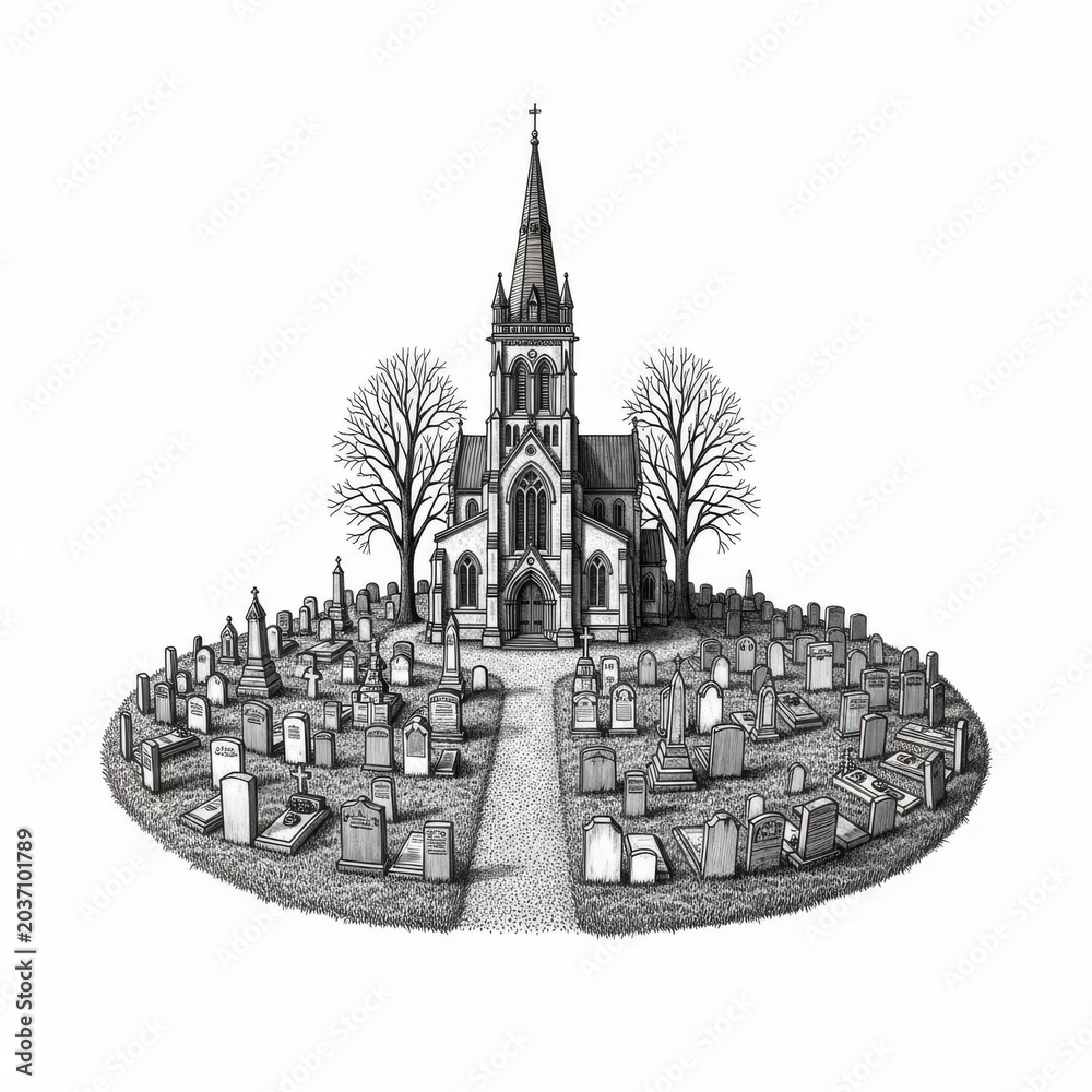 Obraz premium Isolated graveyard with gothic church illustration isolated on white background