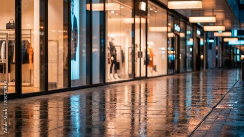 A spacious supermarket aisle with diverse goods concept. Empty modern shopping mall corridor with shiny wet floor and illuminated store windows at night