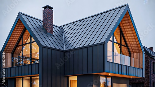 Modern luxury house exterior with black metal roof and contemporary architectural design at sunset