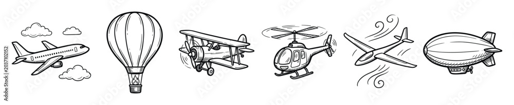Naklejka premium Set of air transport vehicles sketch icons. Hand drawn airplanes, hot air balloon, helicopter, biplane, blimp, glider symbols. Aviation travel line art collection.