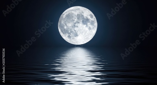 A luminous full moon hangs in the dark night sky, casting a brilliant silver reflection across the gentle ripples of a calm ocean surface, moonlight, atmosphere, astronomy