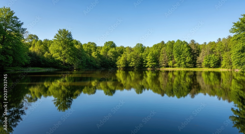 Fototapeta premium Tranquil lake surrounded by green forest with mirror reflection