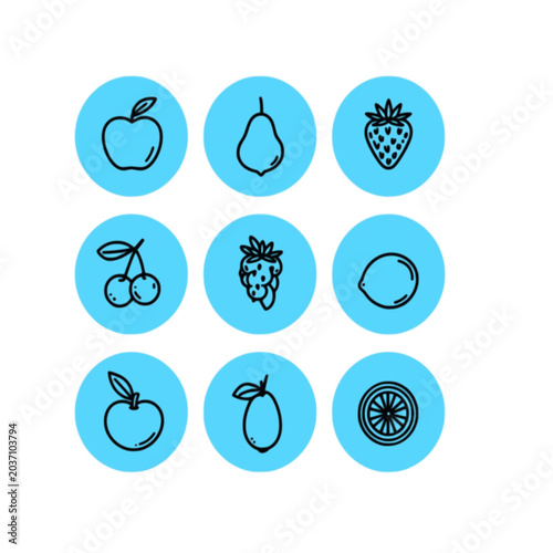 Fruit Line Art Icon Set - Minimal Apple Pear Strawberry Vector