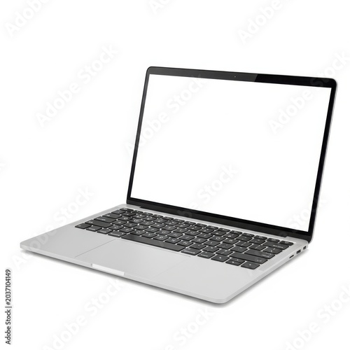 Modern silver laptop with black keyboard open on white background isolated on white background