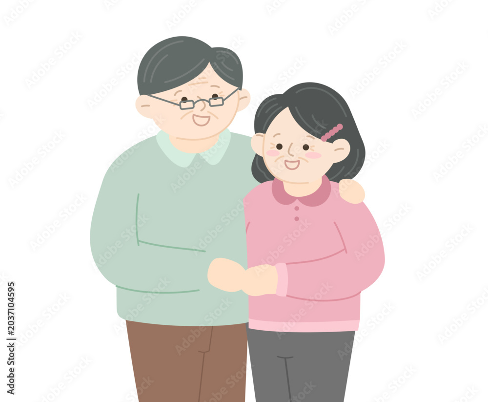 Fototapeta premium 귀여운 노부부 일러스트 할아버지 할머니 부부 다정한 황혼 부모님 파스텔톤 실버 캐릭터 플랫 벡터 디자인 소스
