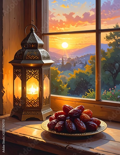 Ramadan lantern with dates on window.