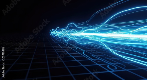 Abstract high speed data transfer background featuring glowing blue light trails, digital connections, and fast motion across a dark grid, fiber, virtual, flux