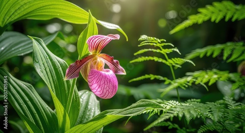 Exquisite pink lady s slipper orchids bloom gracefully in the dappled sunlight of a lush, tropical rainforest with vibrant green foliage, biological, wilderness, peaceful