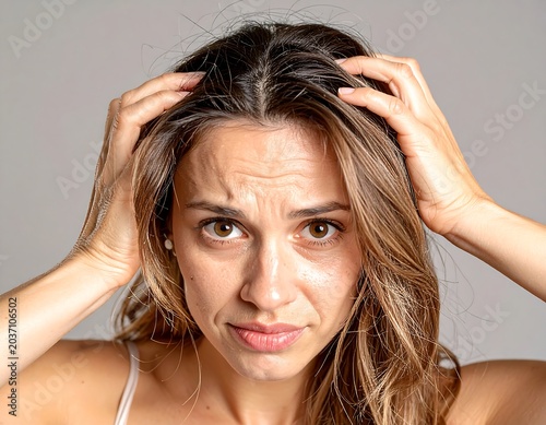 Close-up of a concerned woman with hands on her head, displaying worry and stress, capturing her facial expressions against a neutral background