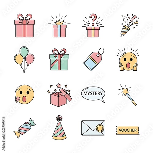 Celebration Icons with Gifts Balloons and Festive Elements.