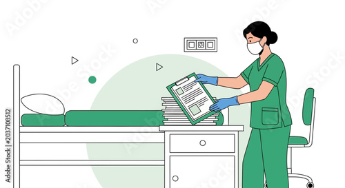 Nurse in uniform and mask holding medical chart in hospital room with bed
