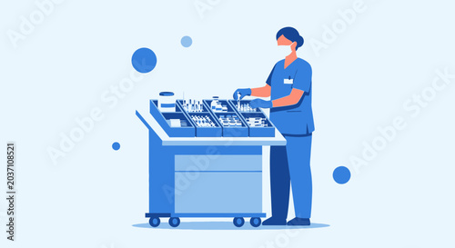 Nurse in uniform and mask organizing medical supplies on a cart in a hospital