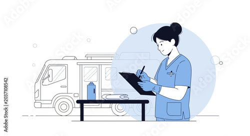 Nurse in uniform writing on clipboard near ambulance and medical supplies