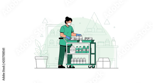Nurse or healthcare worker with medical supplies on a cart in a clinic or hospital