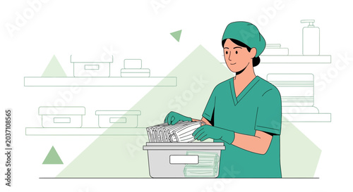 Nurse organizing medical supplies in sterile storage, healthcare, hospital, clinic