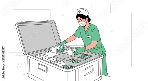 Nurse Packing Medical Supplies in Large Container for Distribution