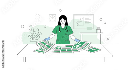 Nurse sorting medical documents on a desk in a clinic, healthcare concept