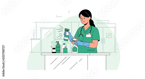 Nurse spraying disinfectant, cleaning medical equipment and surfaces in hospital