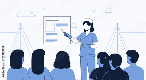 Nurse teaching group, presentation, medical training, healthcare education, clinic, hospital