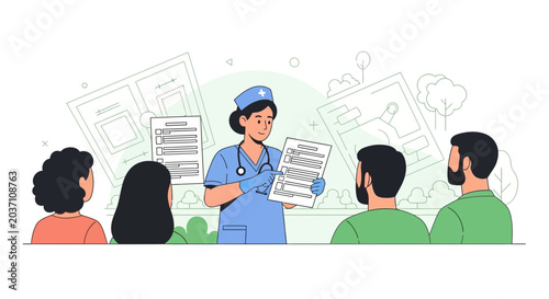 Nurse teaching patients about health information in a group session