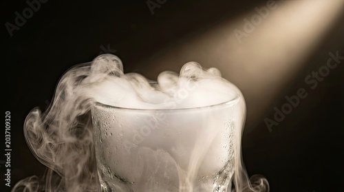 Man preparing a drink with rising smoke effect concept. A dramatic shot of a glass with fog swirling around it.