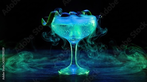Man preparing a drink with rising smoke effect concept. A glowing cocktail with vapor and colorful effects in dim light.