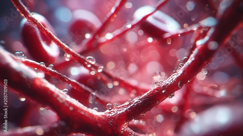 Macro view of blood vessels and red blood cells in human circulatory system biology
