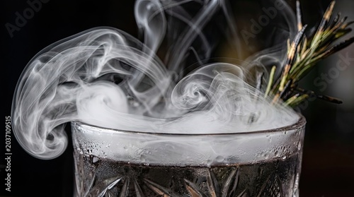 Man preparing a drink with rising smoke effect concept. A smoky cocktail garnished with rosemary herb, captivating ambiance.
