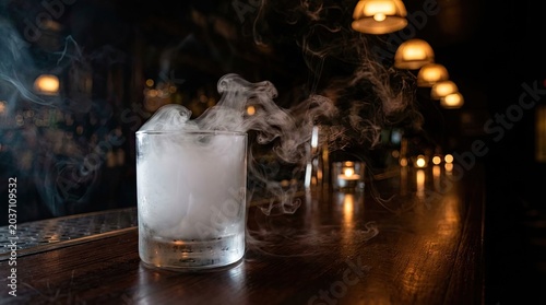 Man preparing a drink with rising smoke effect concept. A smoky cocktail glass placed on a dimly lit bar counter.