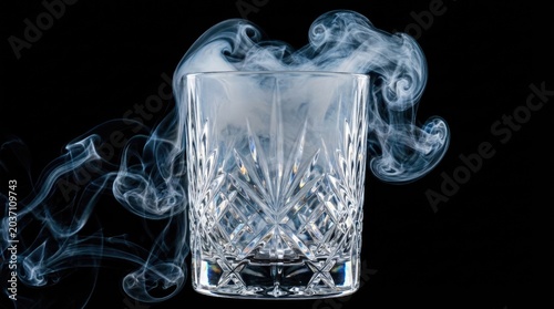 Man preparing a drink with rising smoke effect concept. Elegant crystal glass with swirling smoke on a dark background.