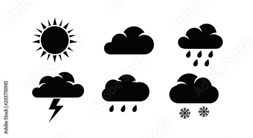 Weather icons set with sun clouds rain snow and lightning symbols on white background