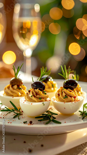 Premium Deviled Eggs with Olives Appetizer on White Background for Party and Gourmet Food Advertising