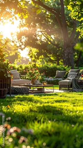 Serene garden patio at sunset outdoors.