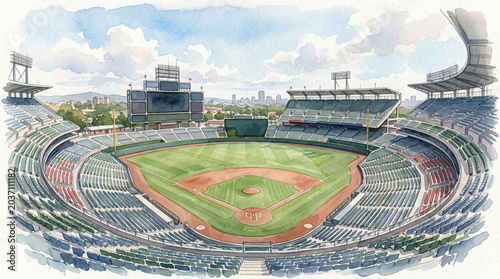 Watercolor illustration of empty baseball stadium with wide angle view