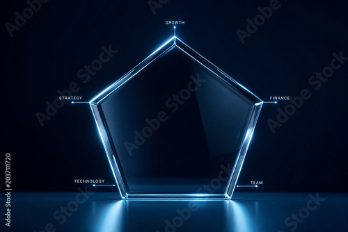 Futuristic pentagon business chart with glowing blue glass texture. Digital data visualization for growth, strategy, and finance. Abstract corporate infographic.