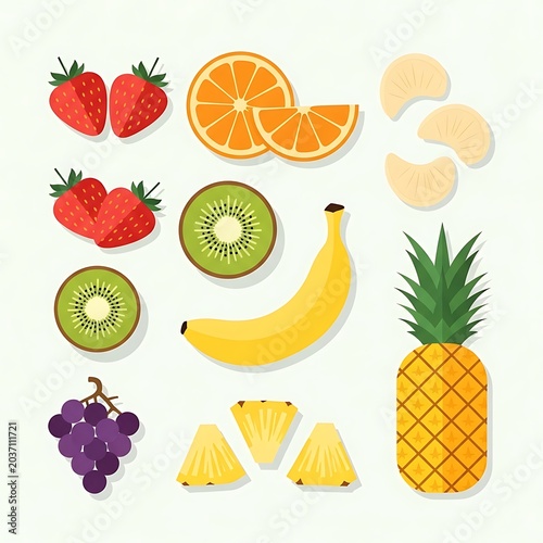 Colorful Vector Illustration of Various Fresh Tropical Fruits.