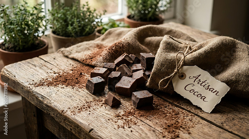 Tableau sur toile Artisan cocoa chunks on rustic wooden table