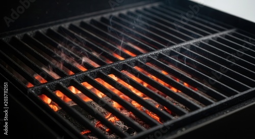 Close-up of a hot barbecue grill with glowing embers and metal grates.