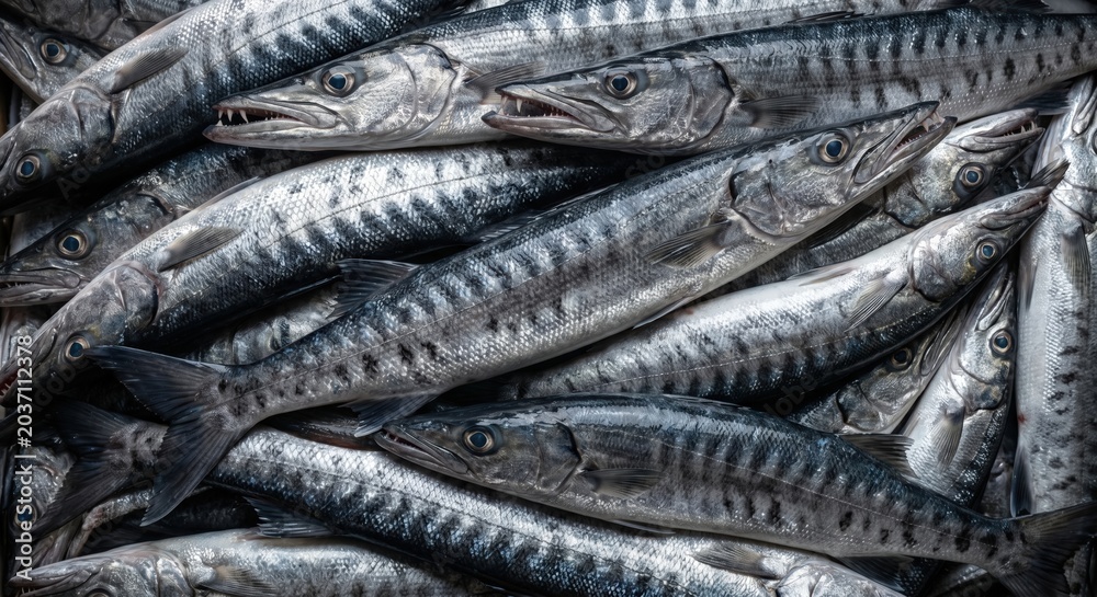 Obraz premium Fresh raw barracuda fish stacked together for sale at a local seafood market display showing detailed metallic scales and sharp teeth in a high angle overhead shot