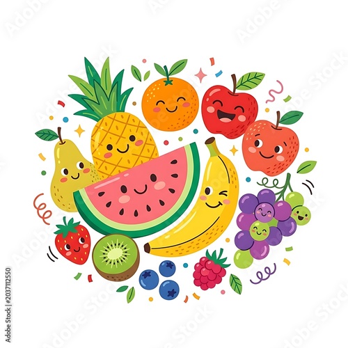 Colorful fruit and vegetable illustration with faces.