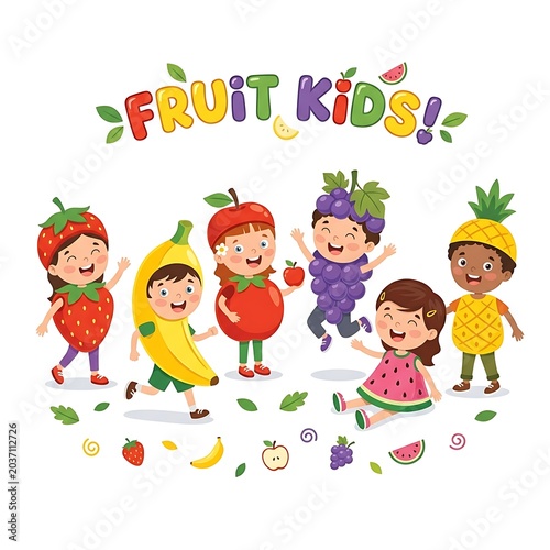 Happy children dressed as colorful fruits celebrating.