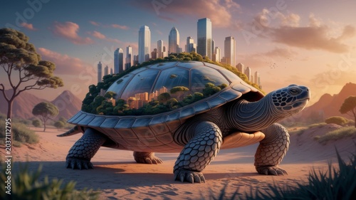 Giant Turtle Carrying Futuristic City in Surreal Desert Landscape