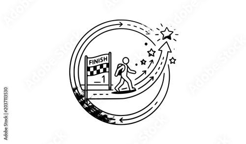 Obraz na plátně A minimalist soft blue vector illustration of a staircase inside a circular frame leading toward a trophy and rising arrow, symbolizing going the extra mile and achieving goals