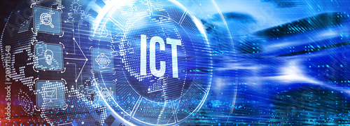 ICT Information communication technology internet concept on virtual screen. 3d illustration